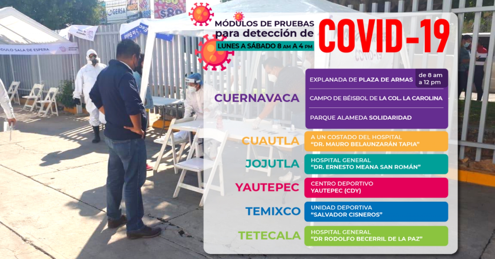Suma Gobierno de Morelos tres nuevos módulos de pruebas antigénicas en Cuernavaca, Temixco y Tetecala