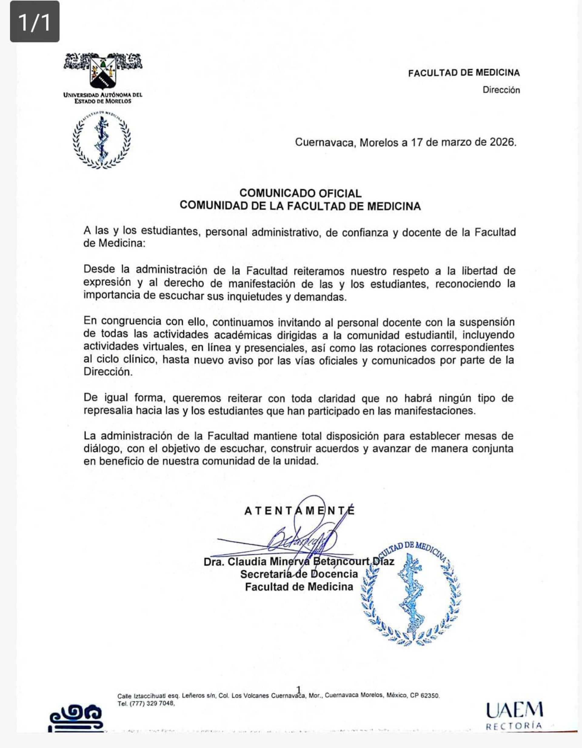 Se mantendrán suspendidas actividades académicas virtuales, en línea y presenciales, informa Facultad de Medicina de UAEM