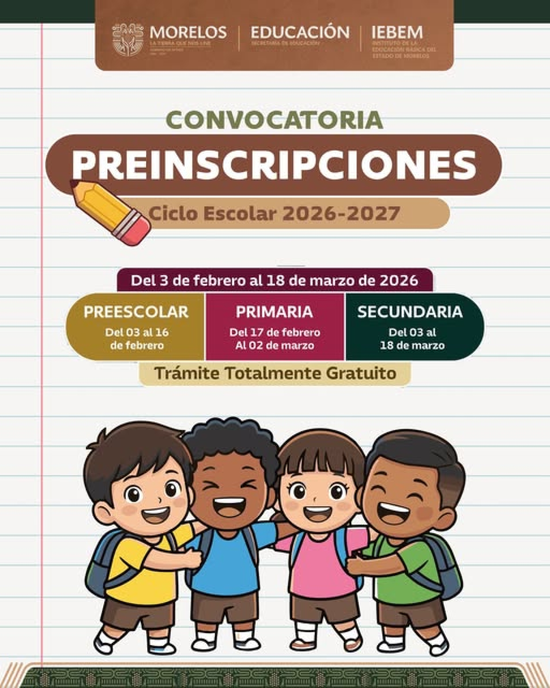 Anuncia IEBEM fechas para preinscripciones a Educación Básica