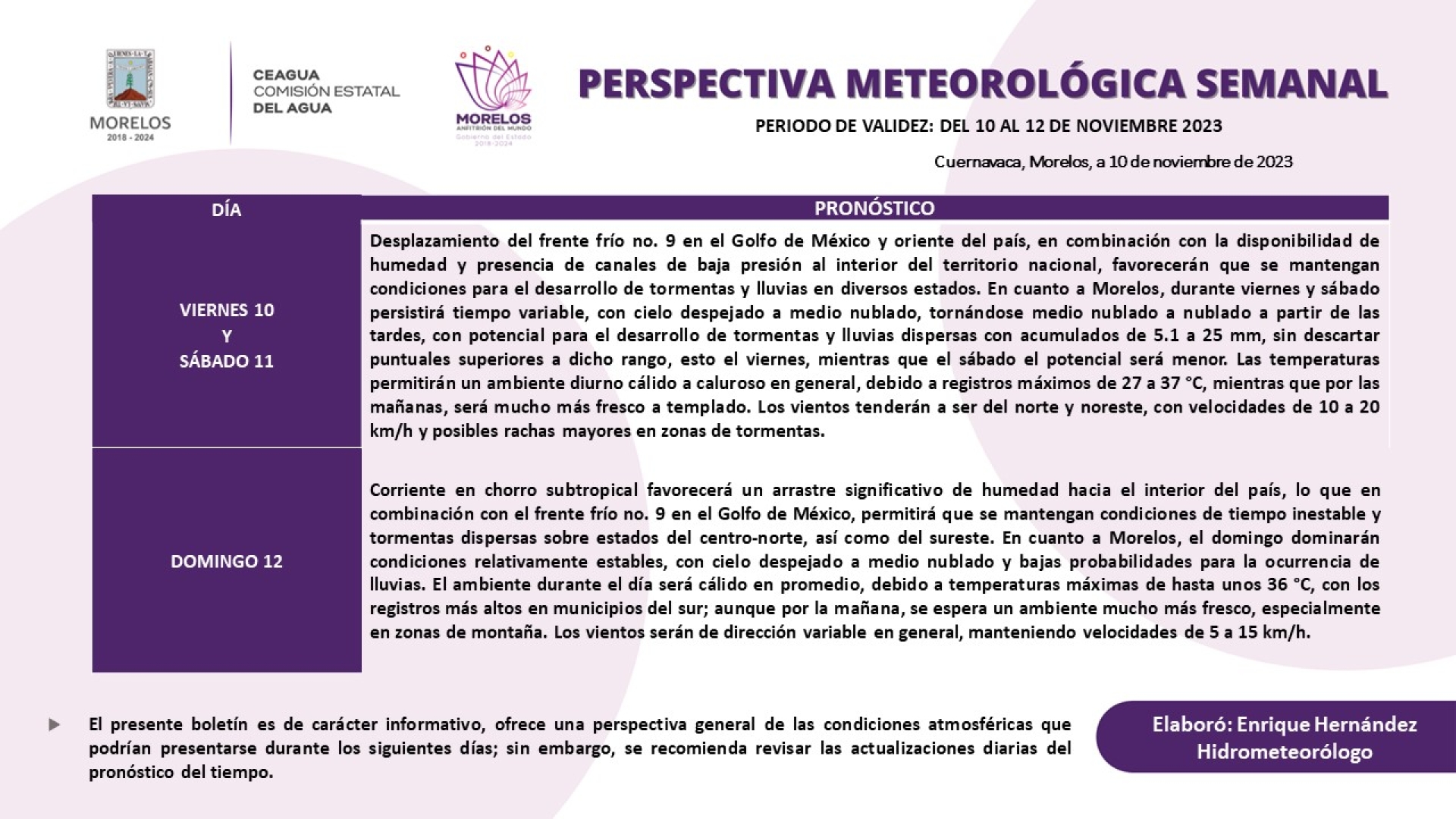 Probabilidad de lluvias dispersas para este fin de semana en Morelos