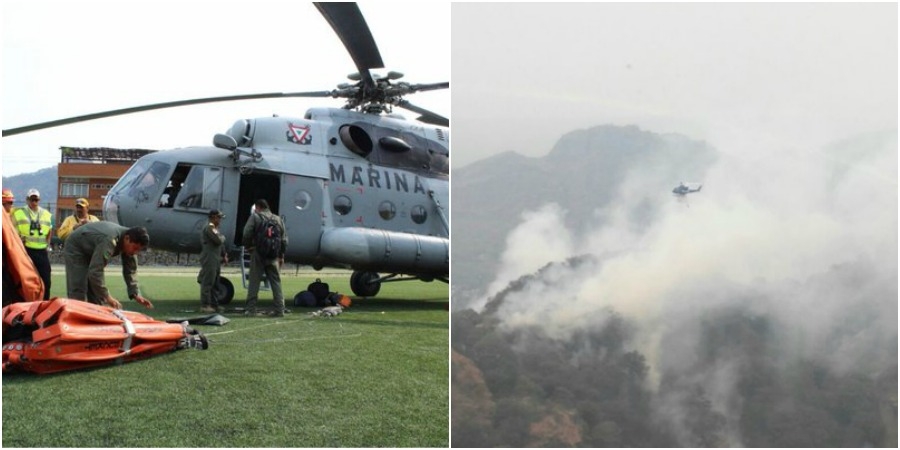 Reanudan acciones para el combate del incendio en Tepoztlán; diferentes helicópteros apoyan labores