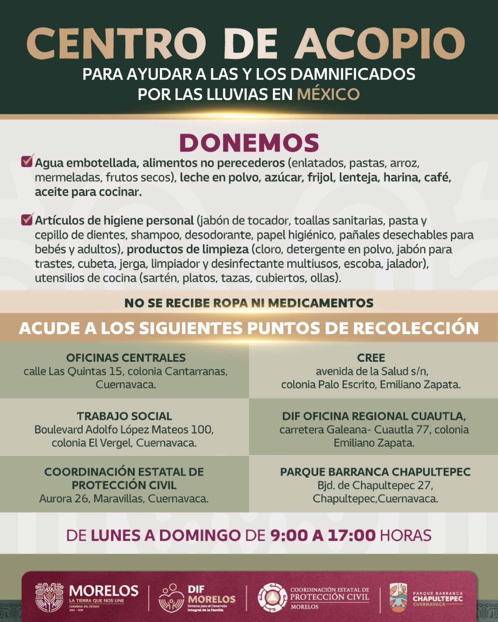 Instala Gobierno de Morelos centros de acopio en apoyo a familias afectadas por lluvias en diversos estados de la República
