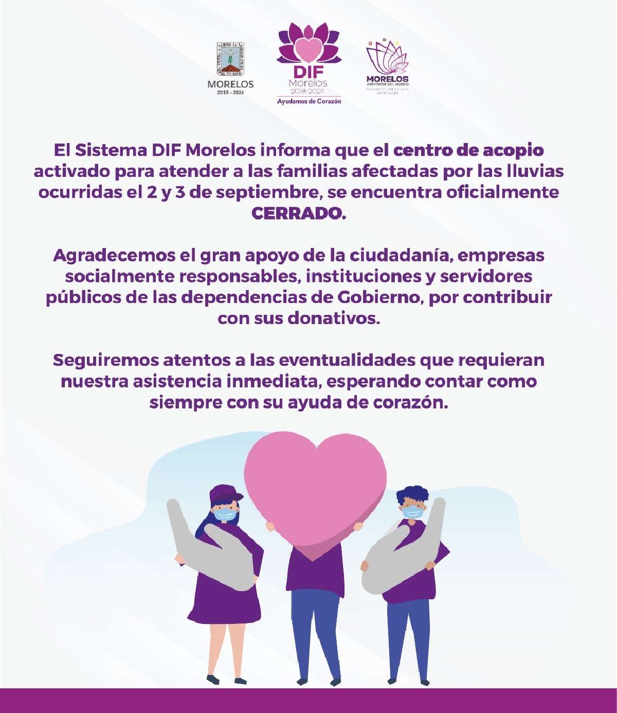 Cierra DIF Morelos centro de acopio instalado ante los daños ocasionados por lluvias
