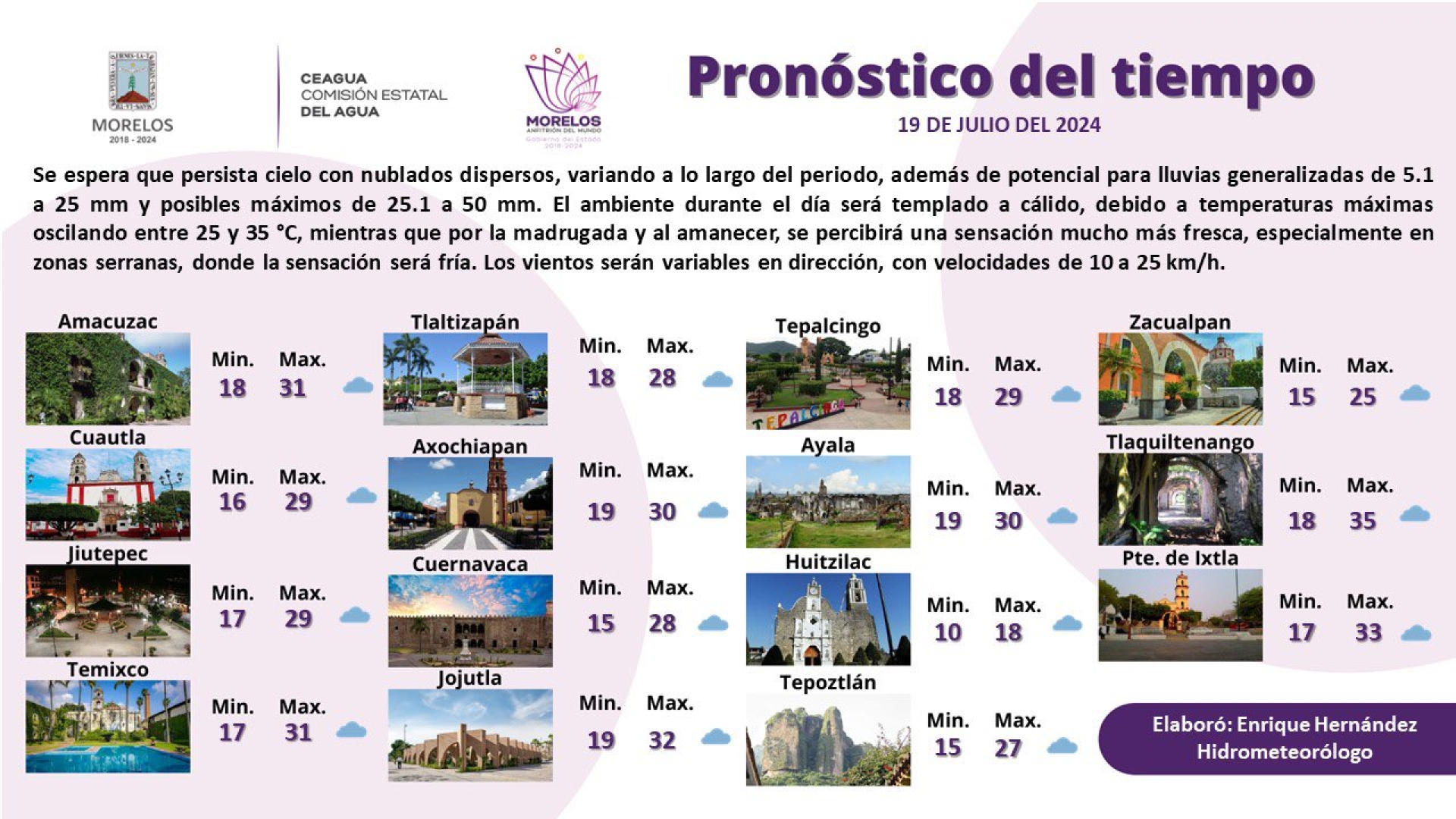 Se pronostica baja precipitación y temperaturas cálidas para el fin de semana