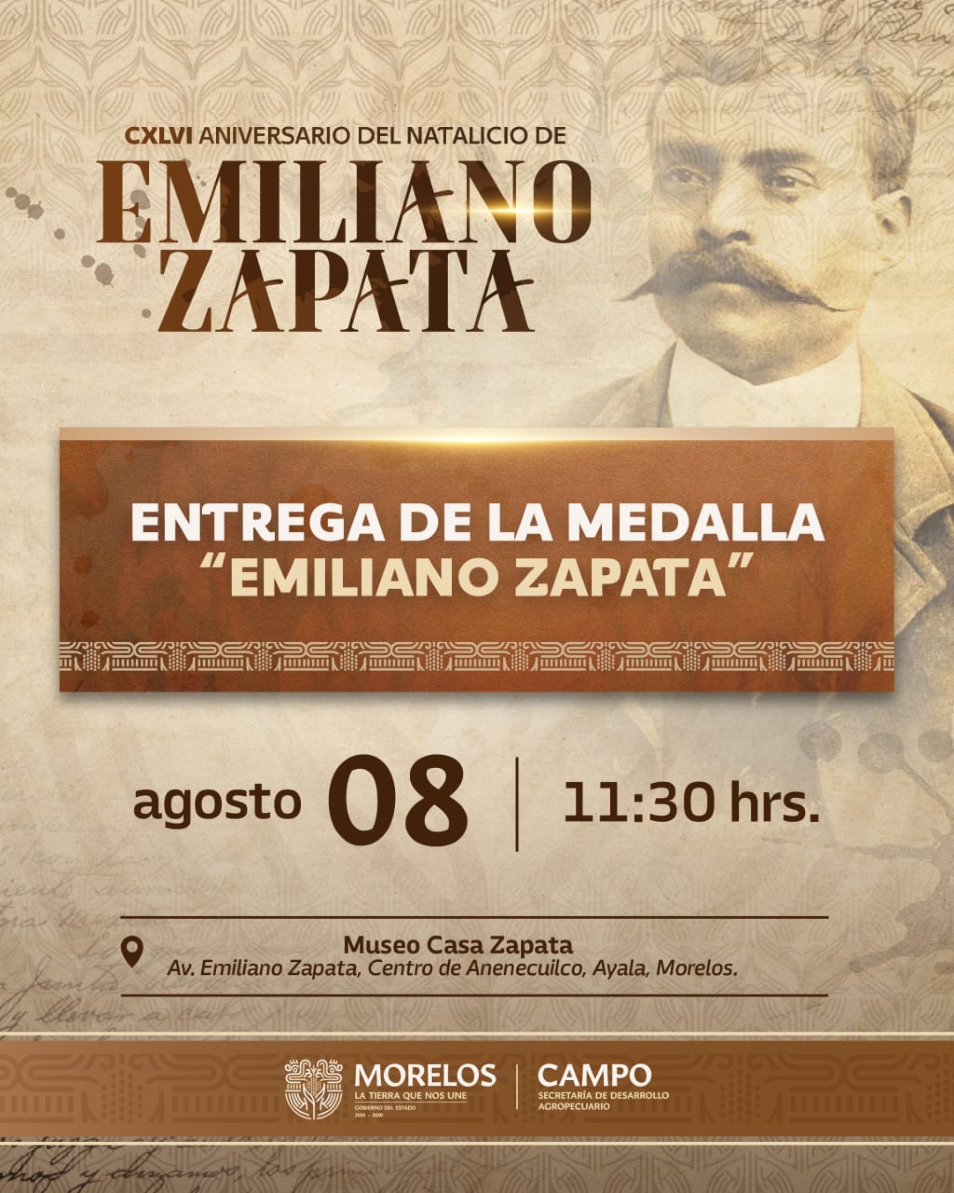 Medalla 'Emiliano Zapata' honra al general, destaca la riqueza y diversidad de las aportaciones agropecuarias