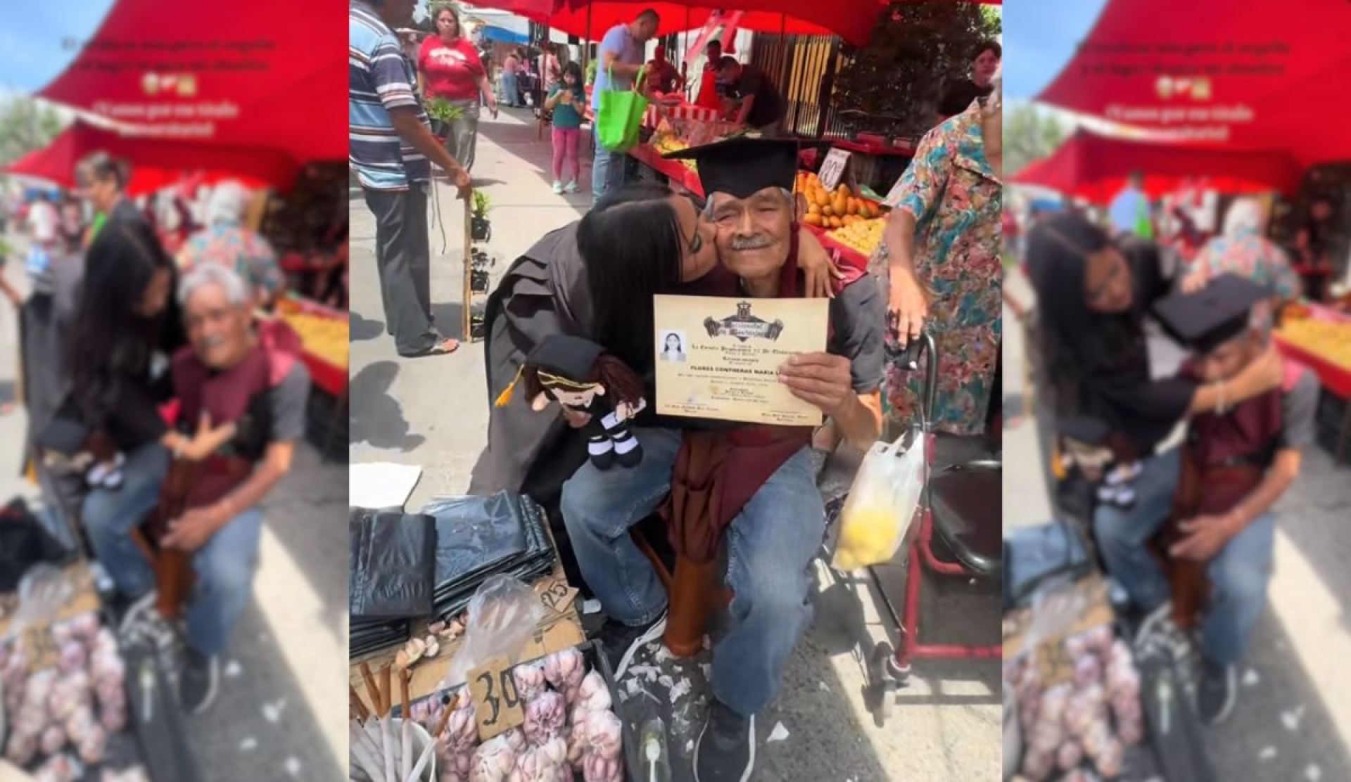 Joven visita el tianguis para vestir a su abuelo con toga y birrete; el emotivo gesto se vuelve viral