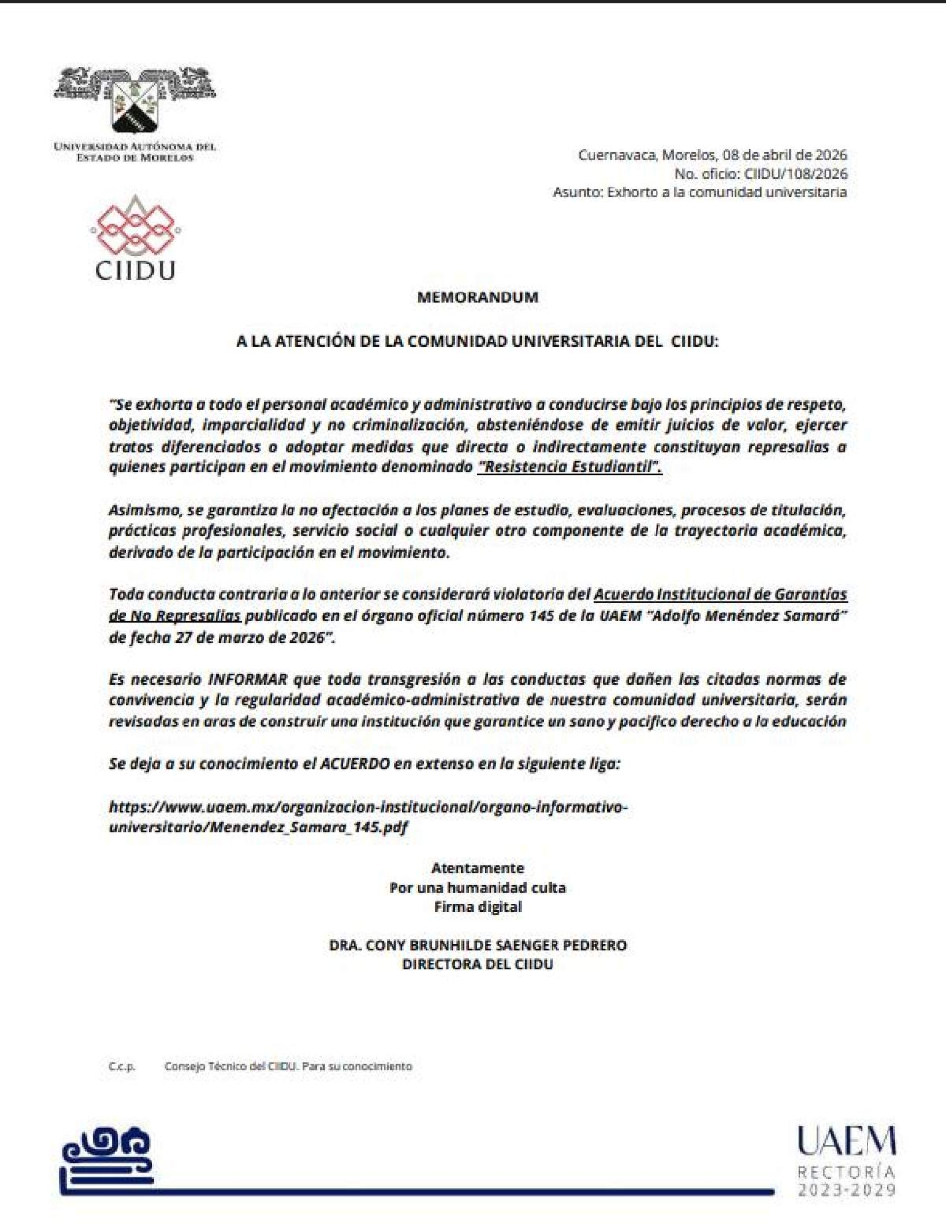 Acatará Centro de Investigación acuerdo de garantías con estudiantes, asegura