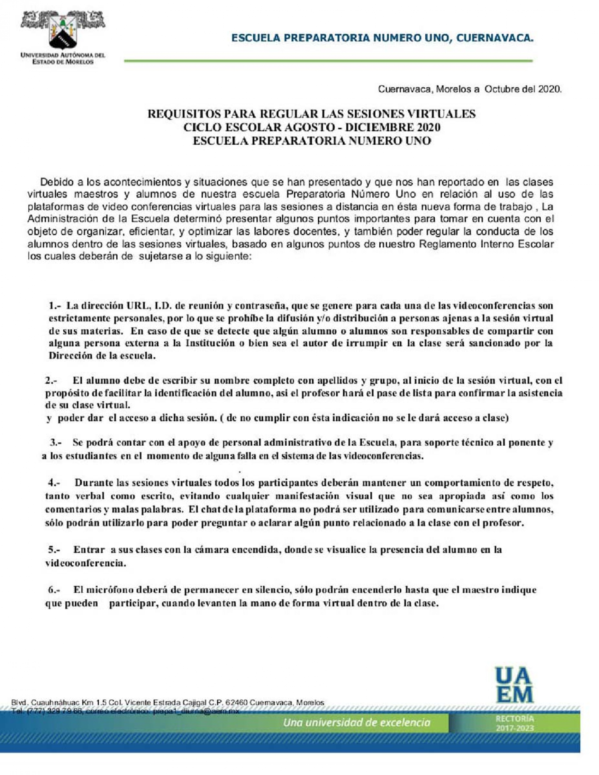Lanza Preparatoria Uno reglamento para clases por internet