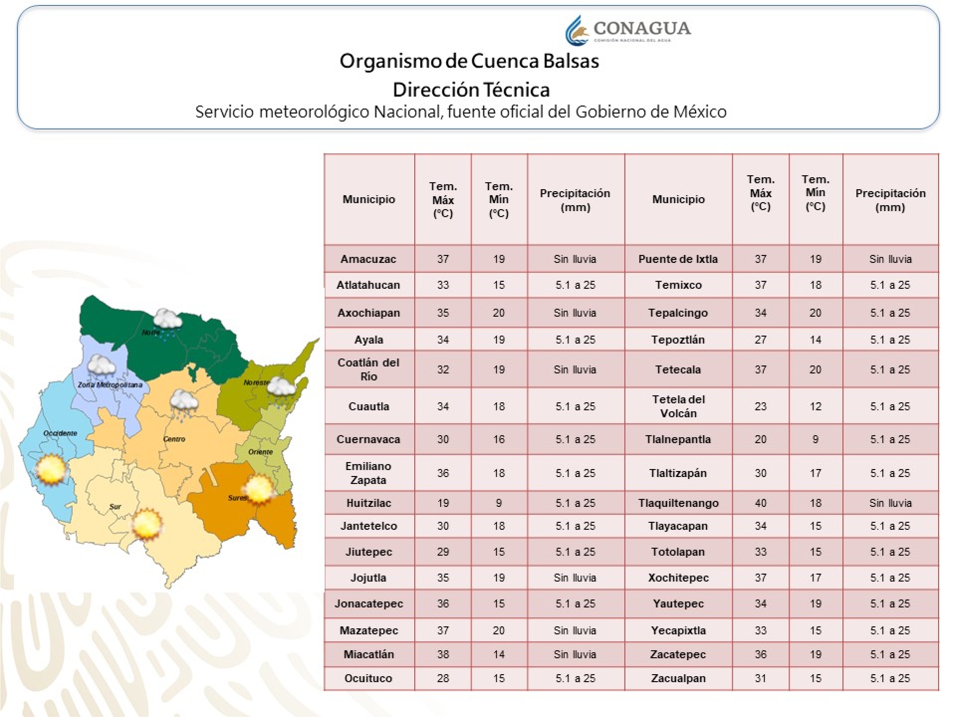 Se esperan lluvias en la zona metropolitana y norte de Morelos: Conagua