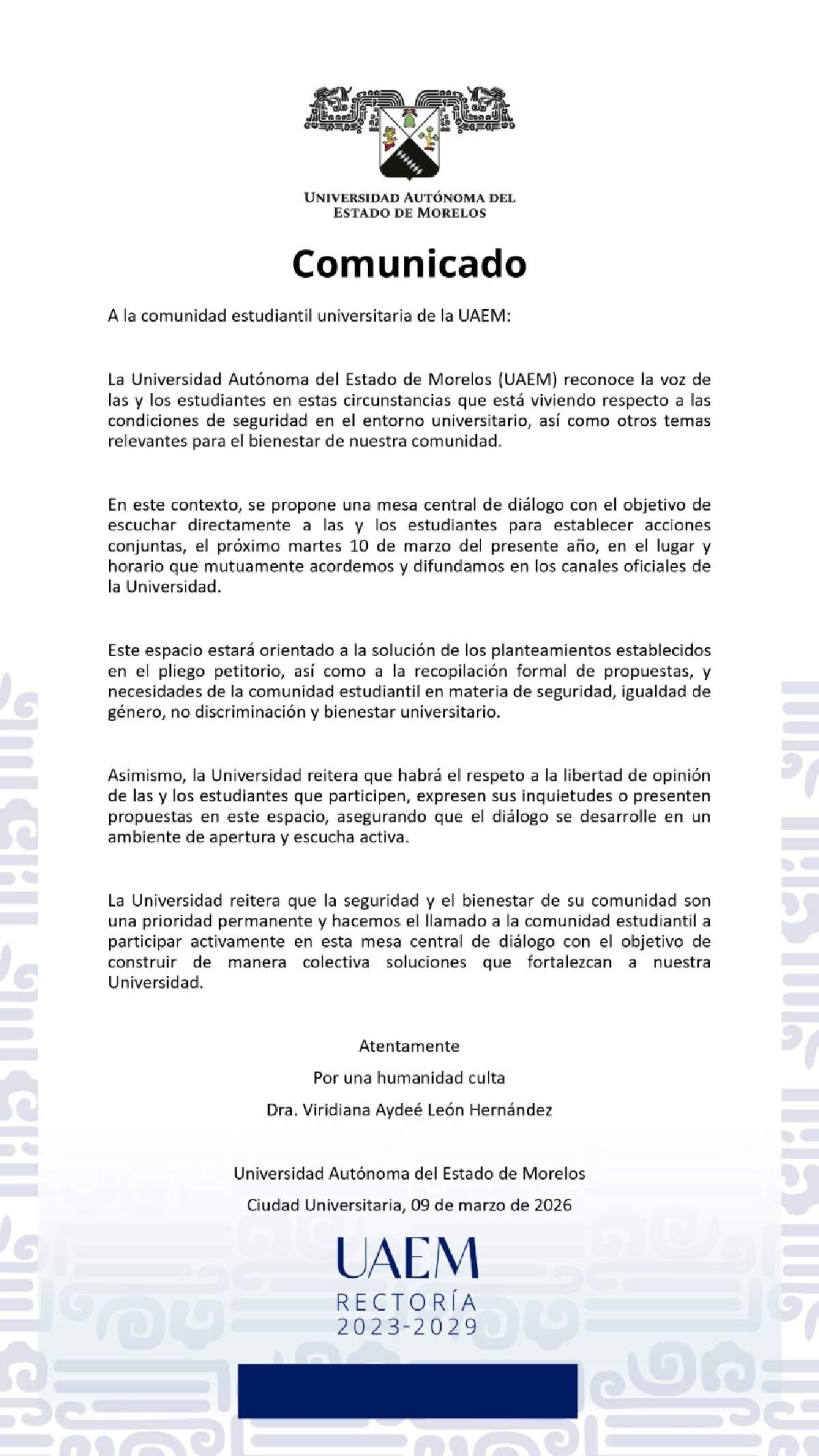 Convocan al diálogo a estudiantes de la UAEM