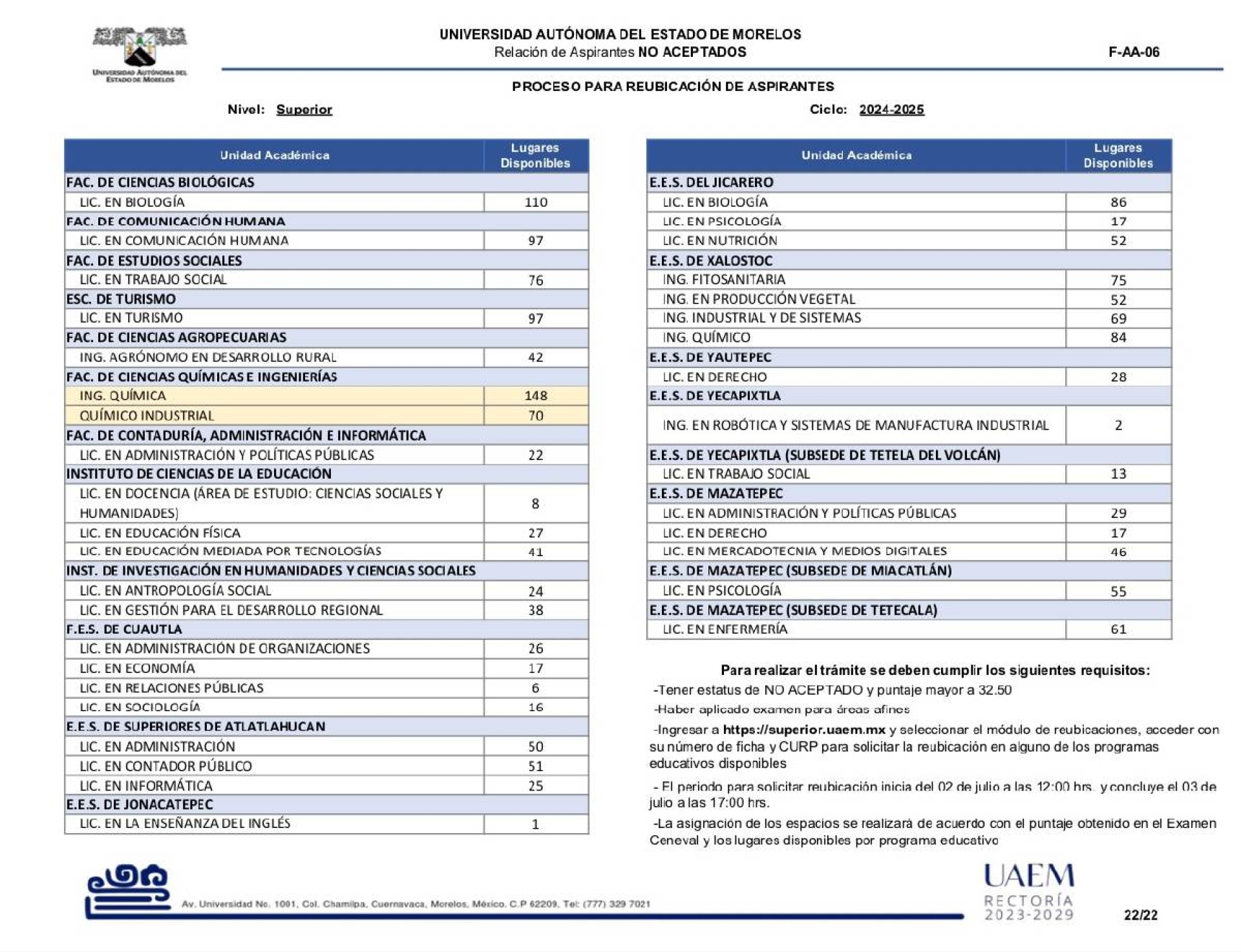 Inicia UAEM reubicaciones en nivel superior