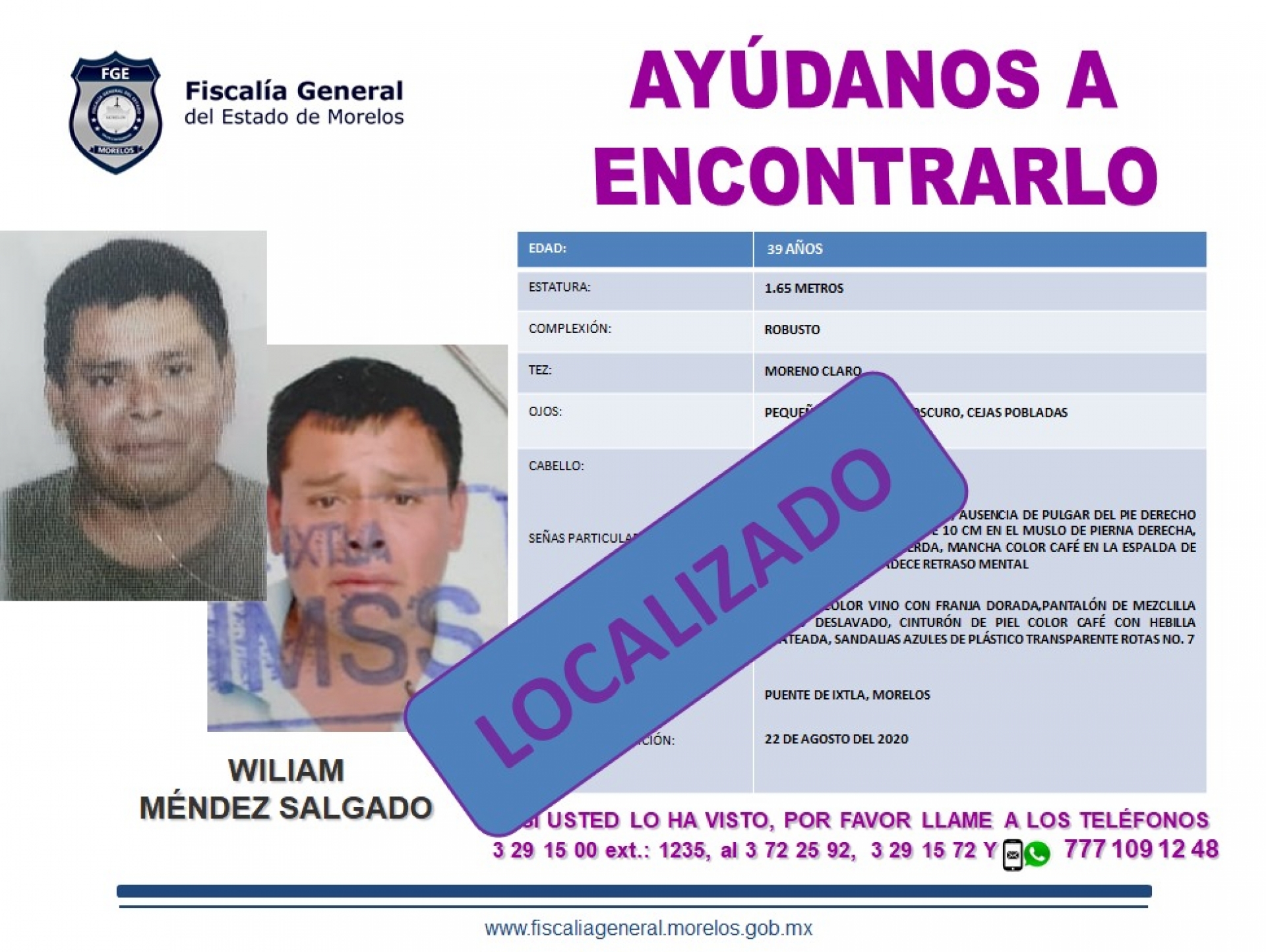 Hombre reportado como desaparecido se ausentó de forma voluntaria