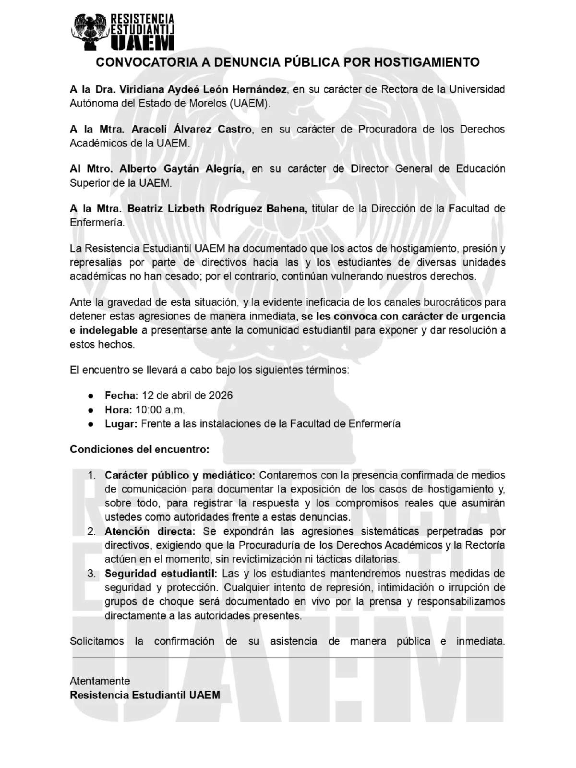 Estudiantes convocan a rectoría a diálogo