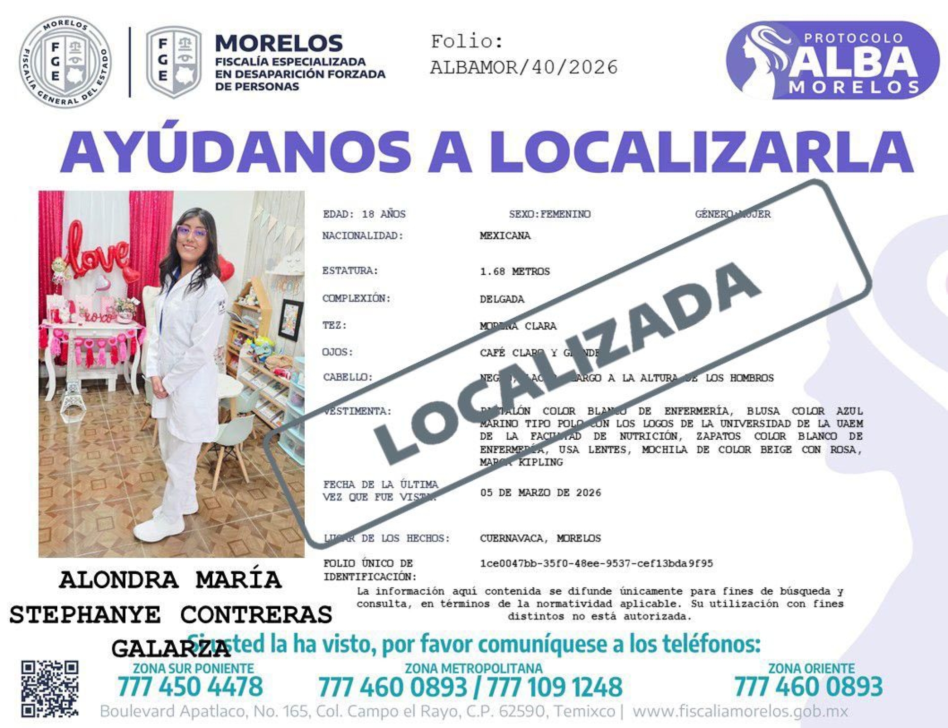 Localizada, Alondra María Stephanye Contreras Galarza: FGE