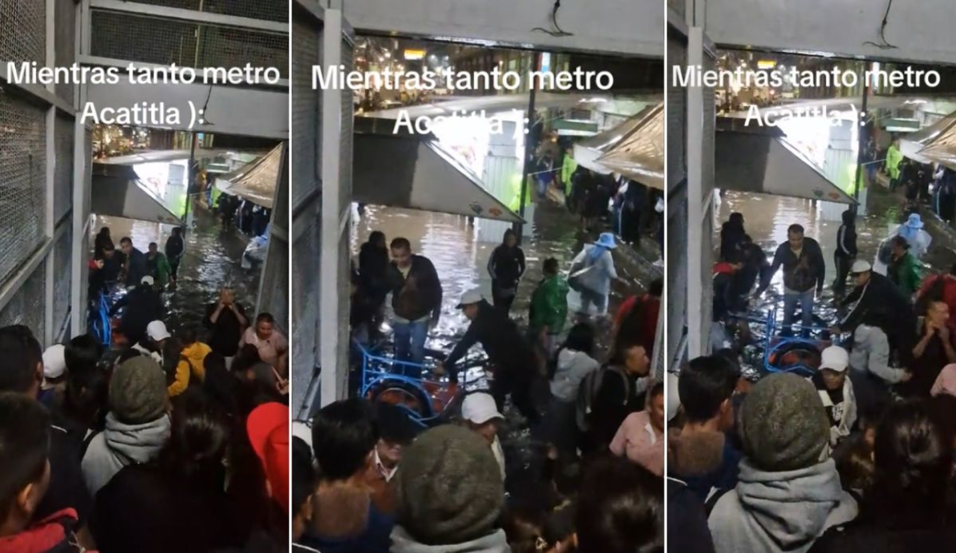 Inundación en CDMX: así cruzan en triciclo por $10 en Metro Acatitla