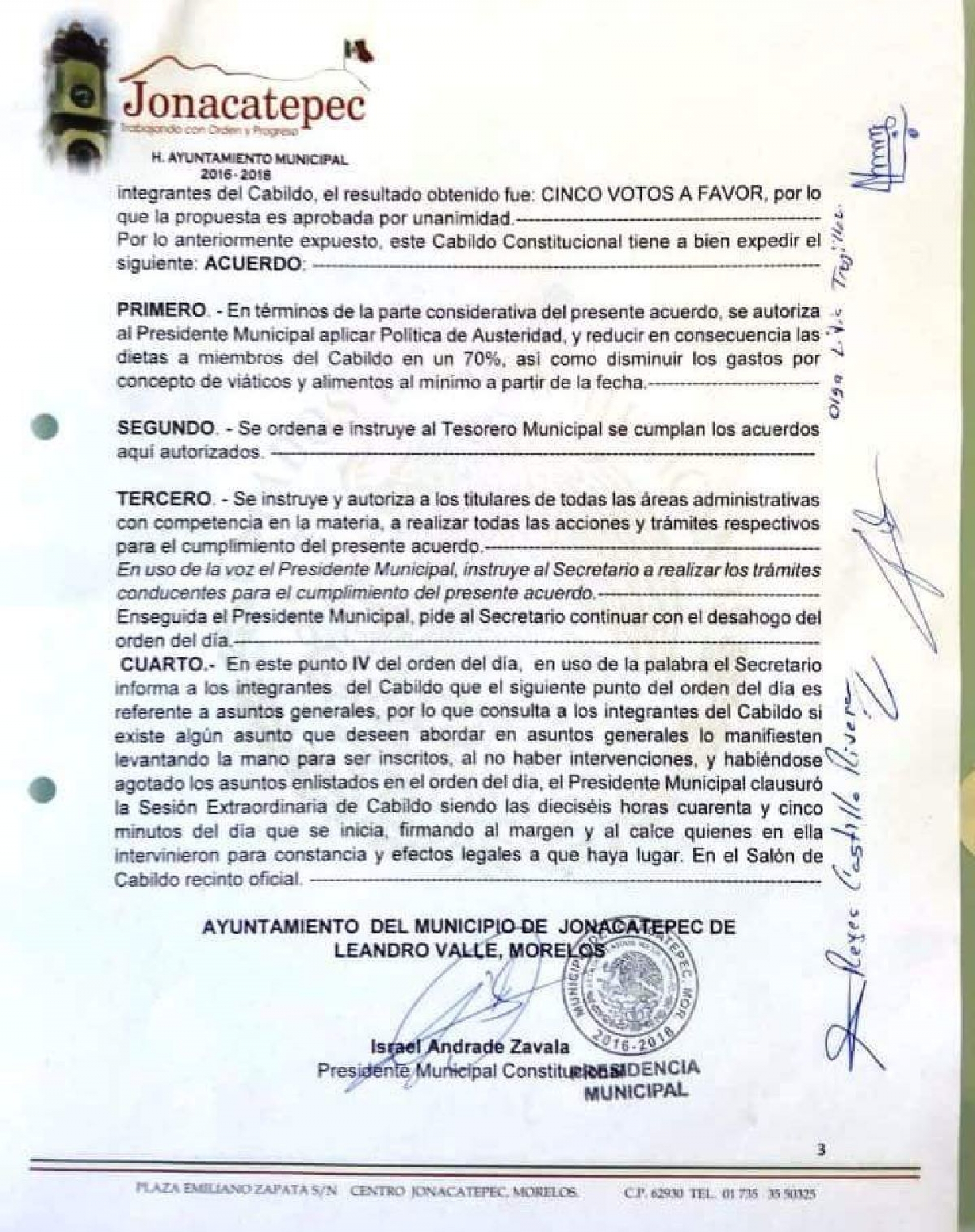 Oficializa cabildo de Jonacatepec reducción de salario de funcionarios