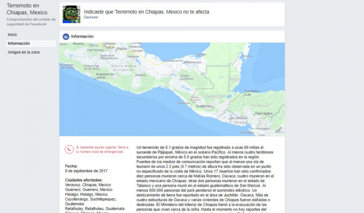 Facebook activa el Safety Check en México por el sismo de Chiapas