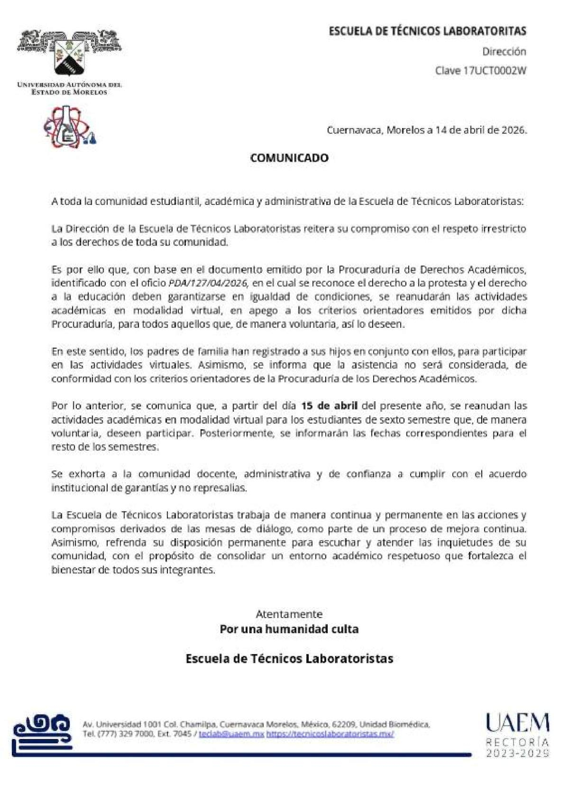 Técnicos Laboratoristas ofrece clases virtuales