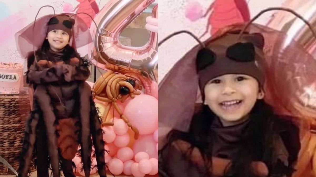 Niña festeja su cumpleaños con disfraz y fiesta con temática de cucaracha