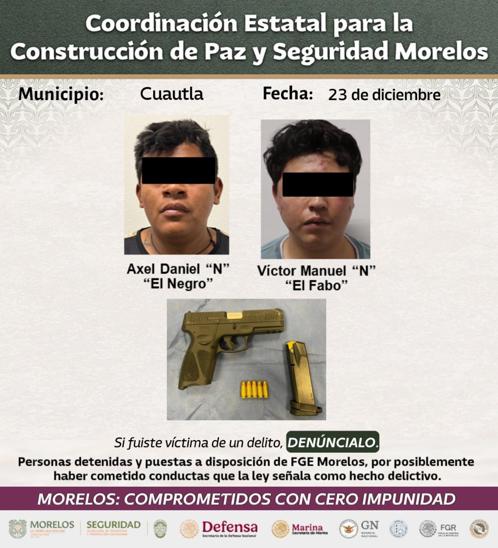 Continúan detenciones relevantes en región oriente de Morelos como parte de la Estrategia Nacional Contra la Extorsión