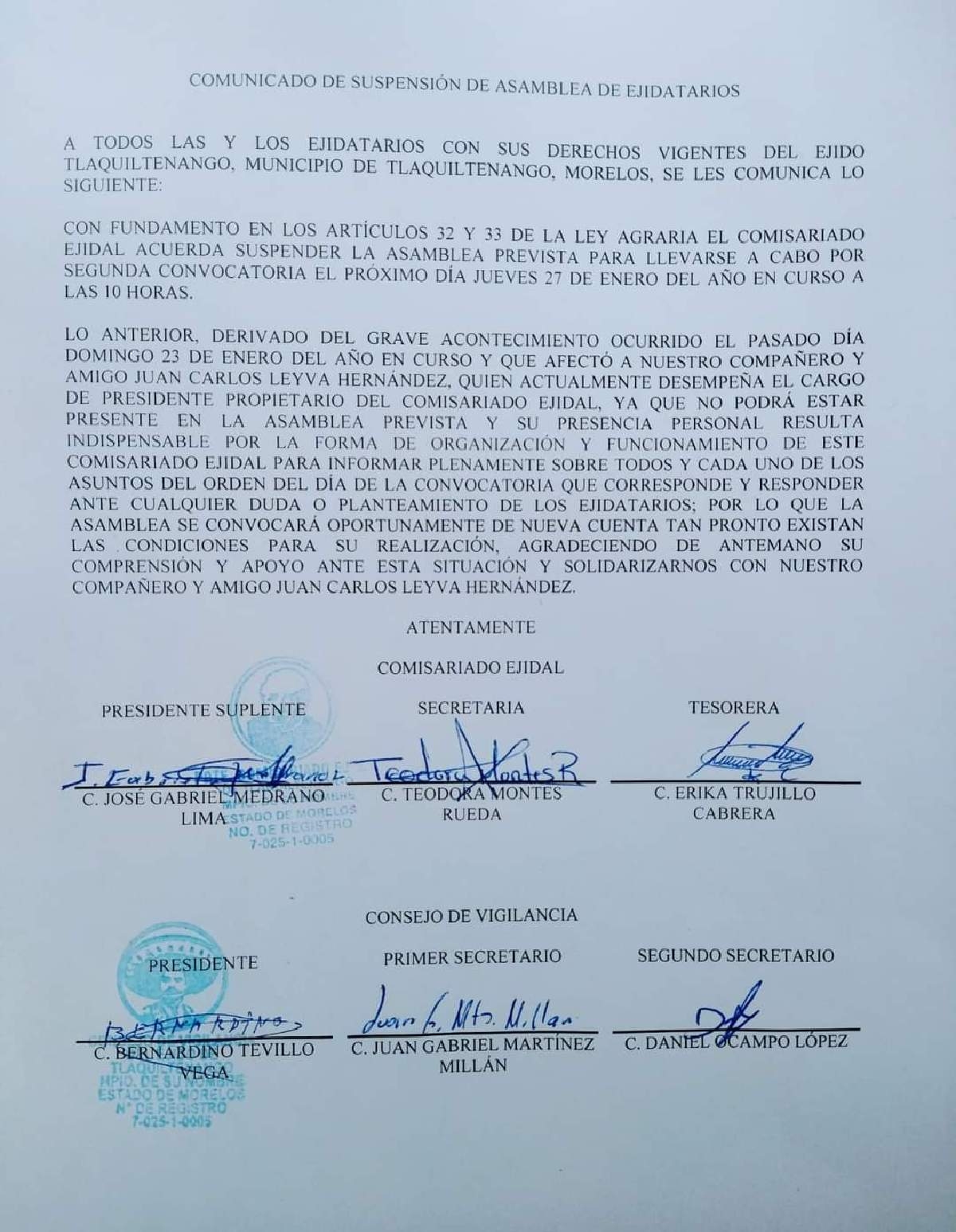 Quieren destituir al presidente del Comisariado Ejidal de Tlaquiltenango