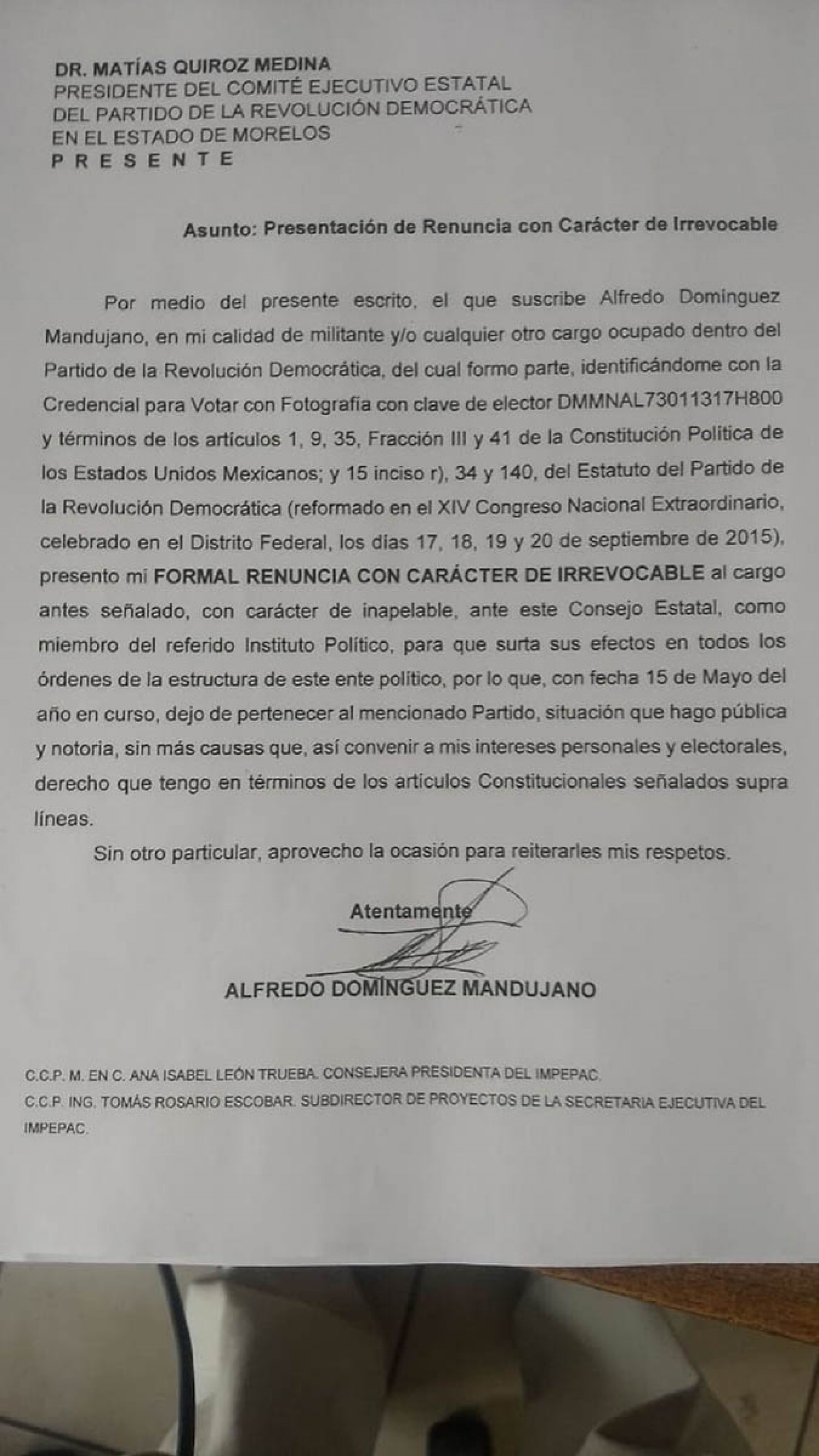 Renuncia al PRD el alcalde de Tlaltizapán