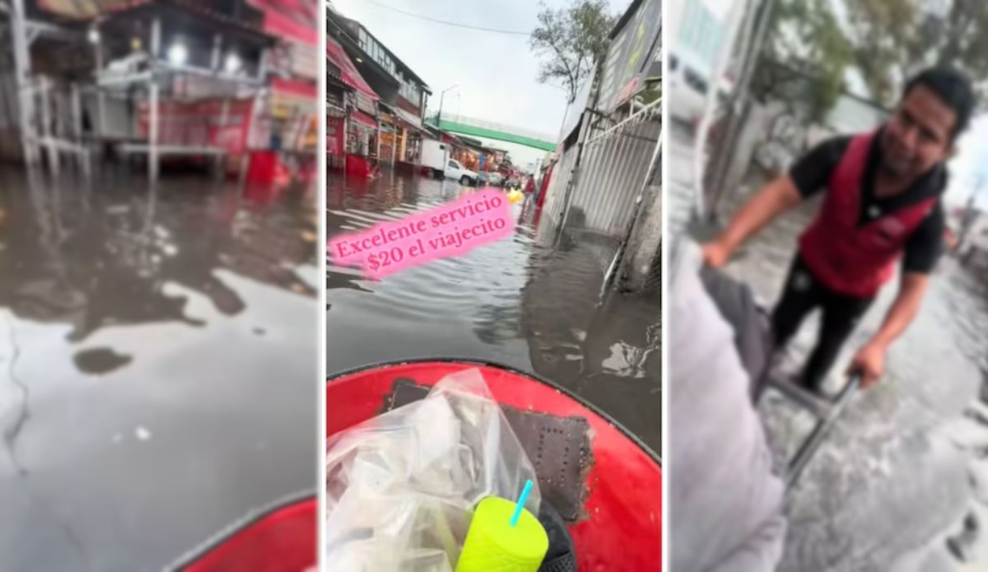 Ingenio en Iztapalapa: mujer atraviesa inundación en carretilla y se vuelve viral
