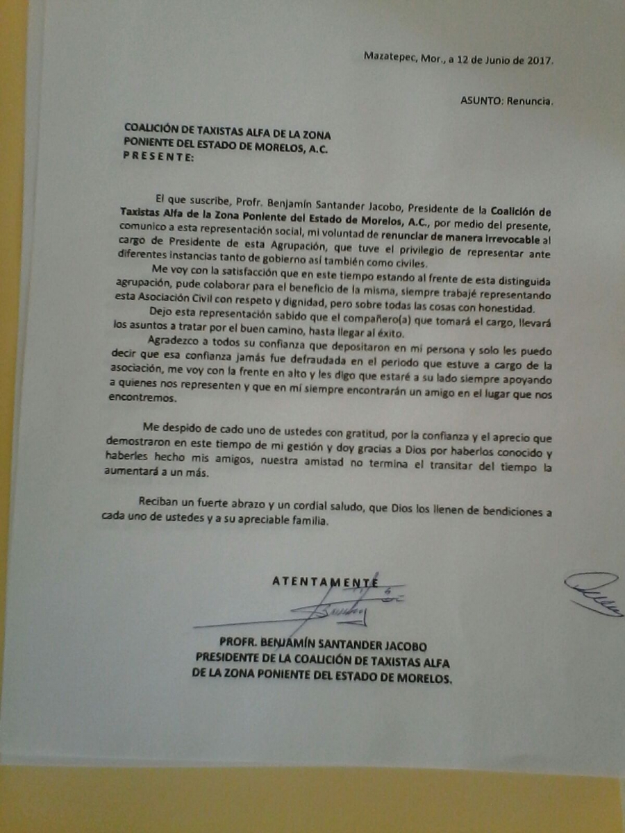 Renunció el presidente de la Coalición de Taxistas Alfa del poniente