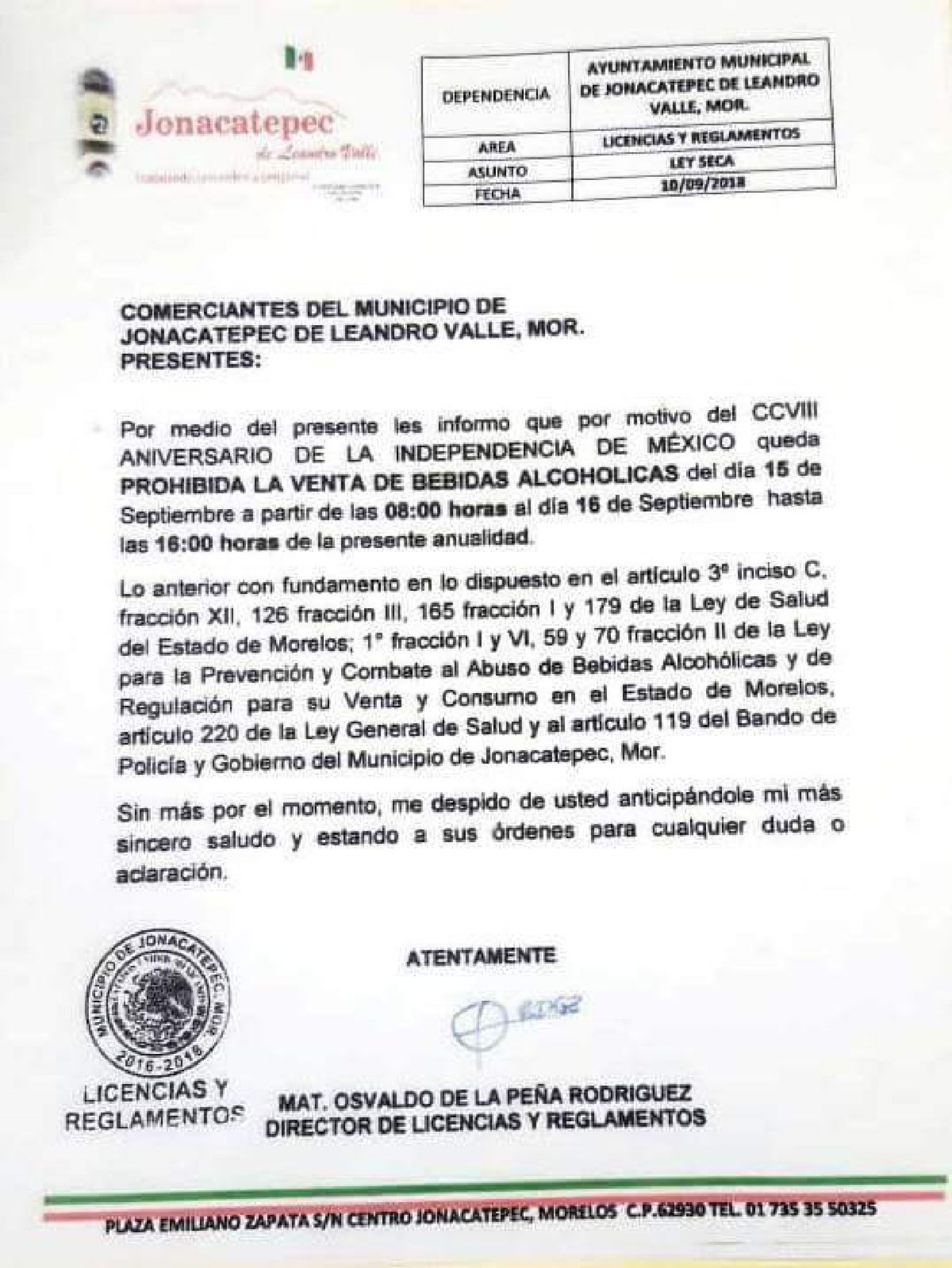 Habrá ley seca en Jonacatepec durante festejos patrios
