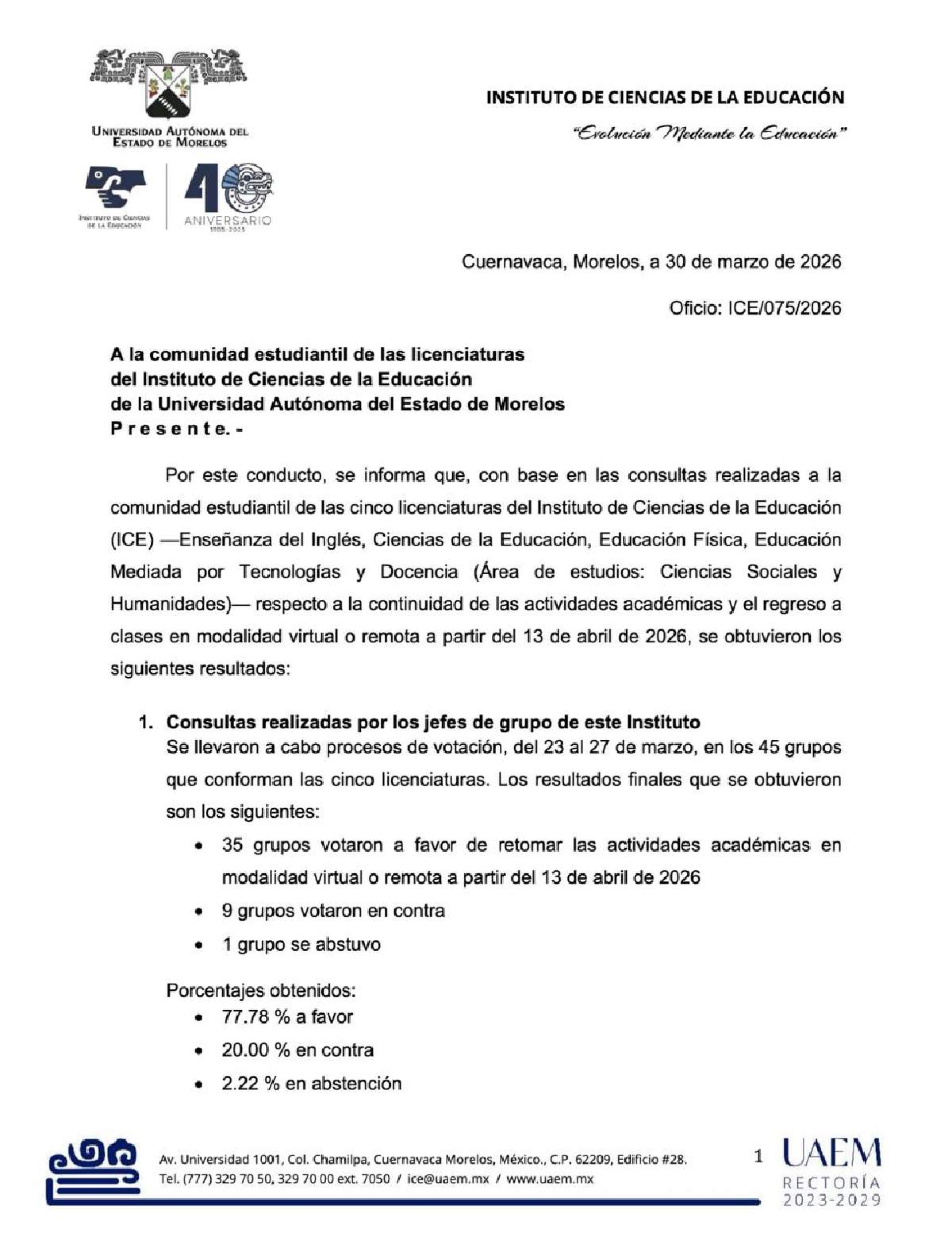 ICE UAEM regresará a clases virtuales el 13 de abril