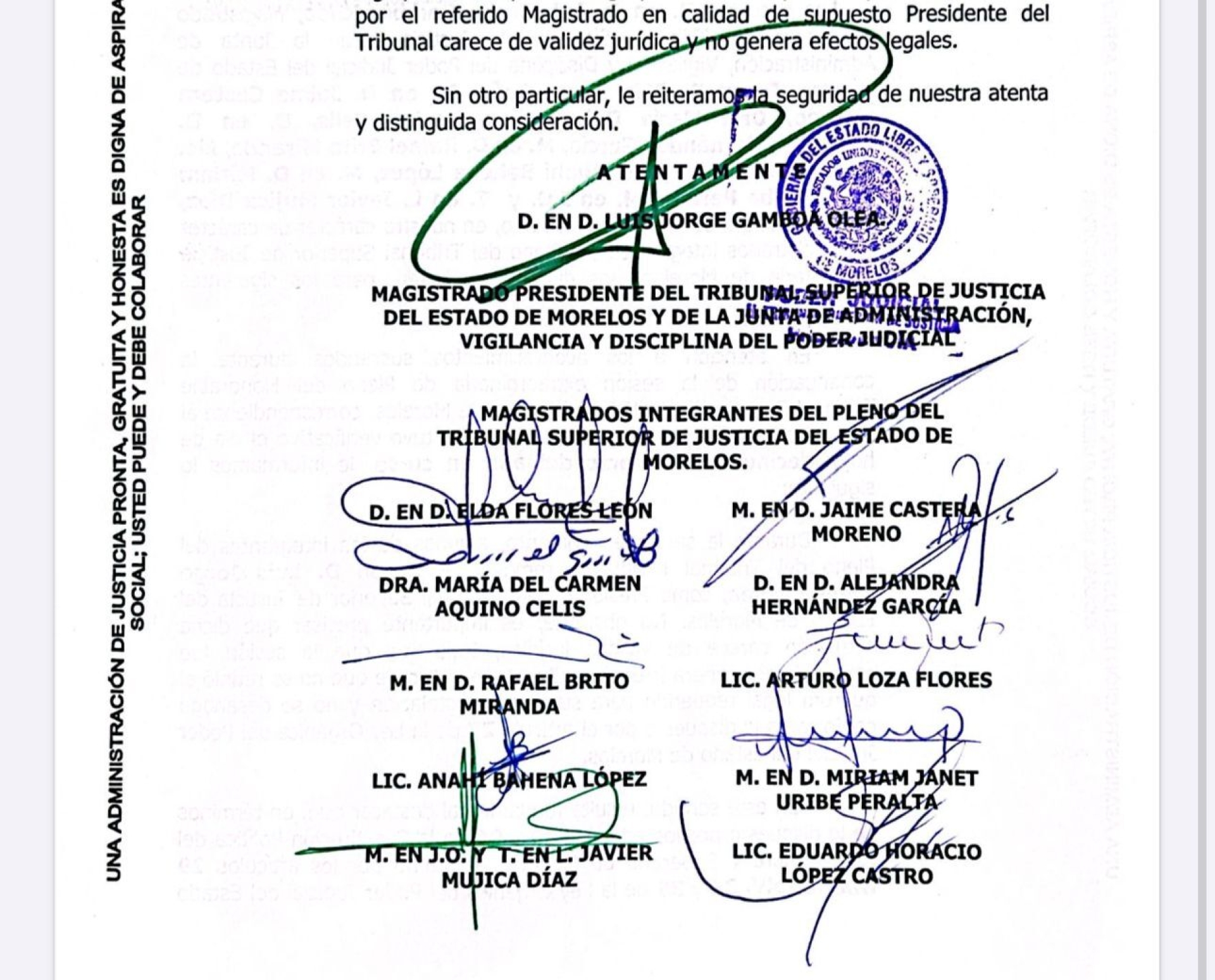 Mediante oficio, informan 11 magistrados no reconocer a Vargas Téllez como supuesto presidente del TSJ